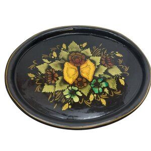 Vintage Metal Toleware Tray Fruit & Leaf Black Gold Mid-Vintage Hand-Painted